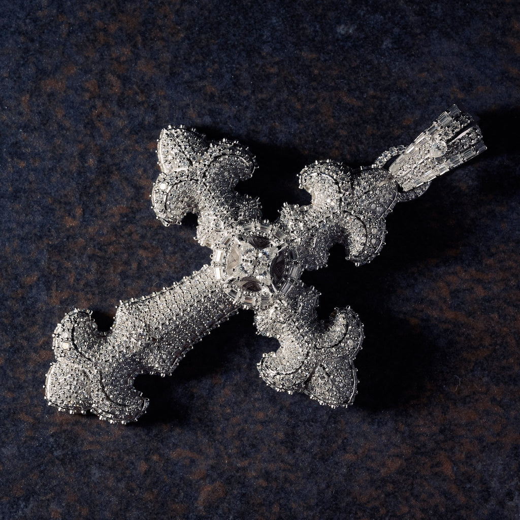 GLD X Bloody Osiris Iced Moissanite Large Cross Pendant in White Gold Vermeil